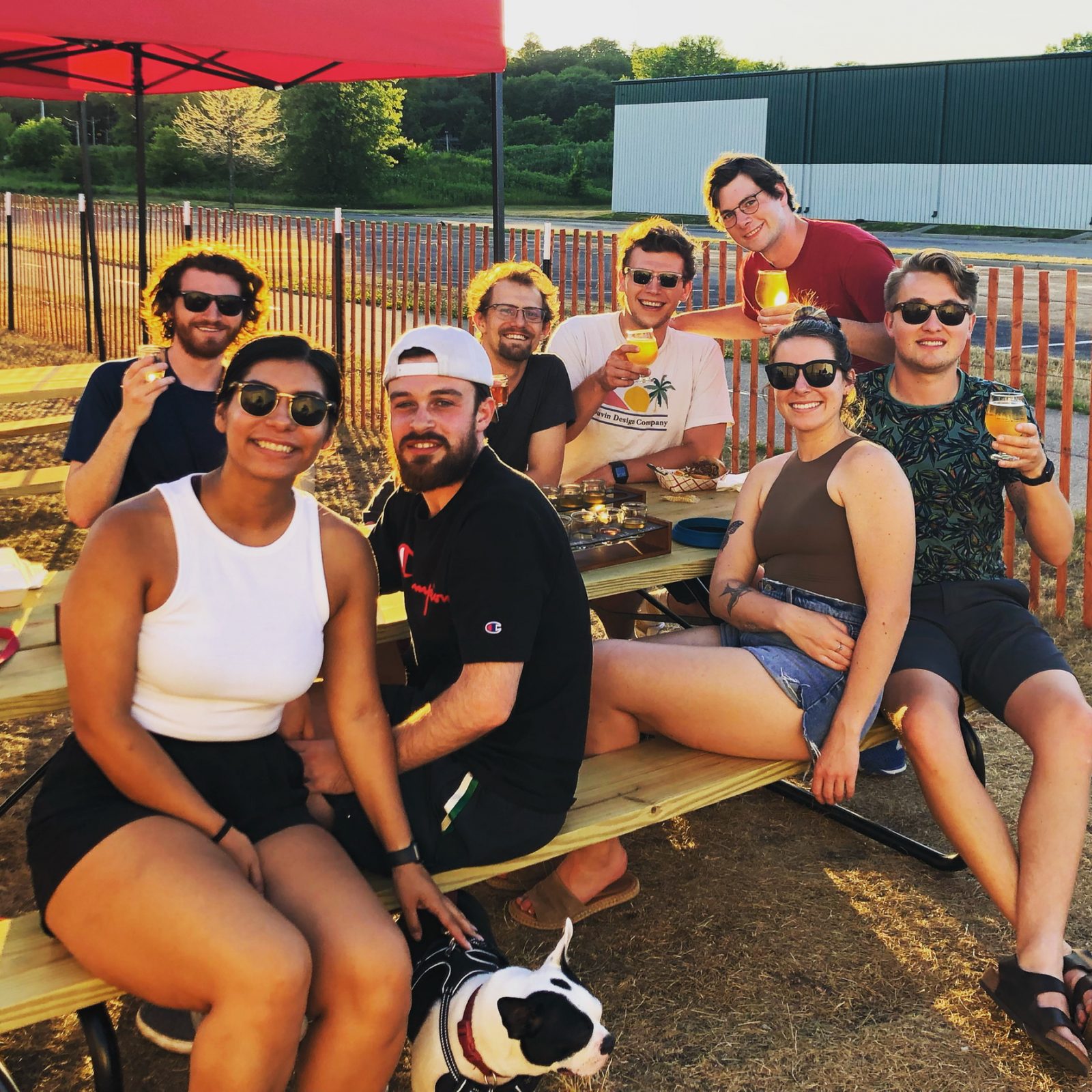 a group of people sitting at a picnic table.