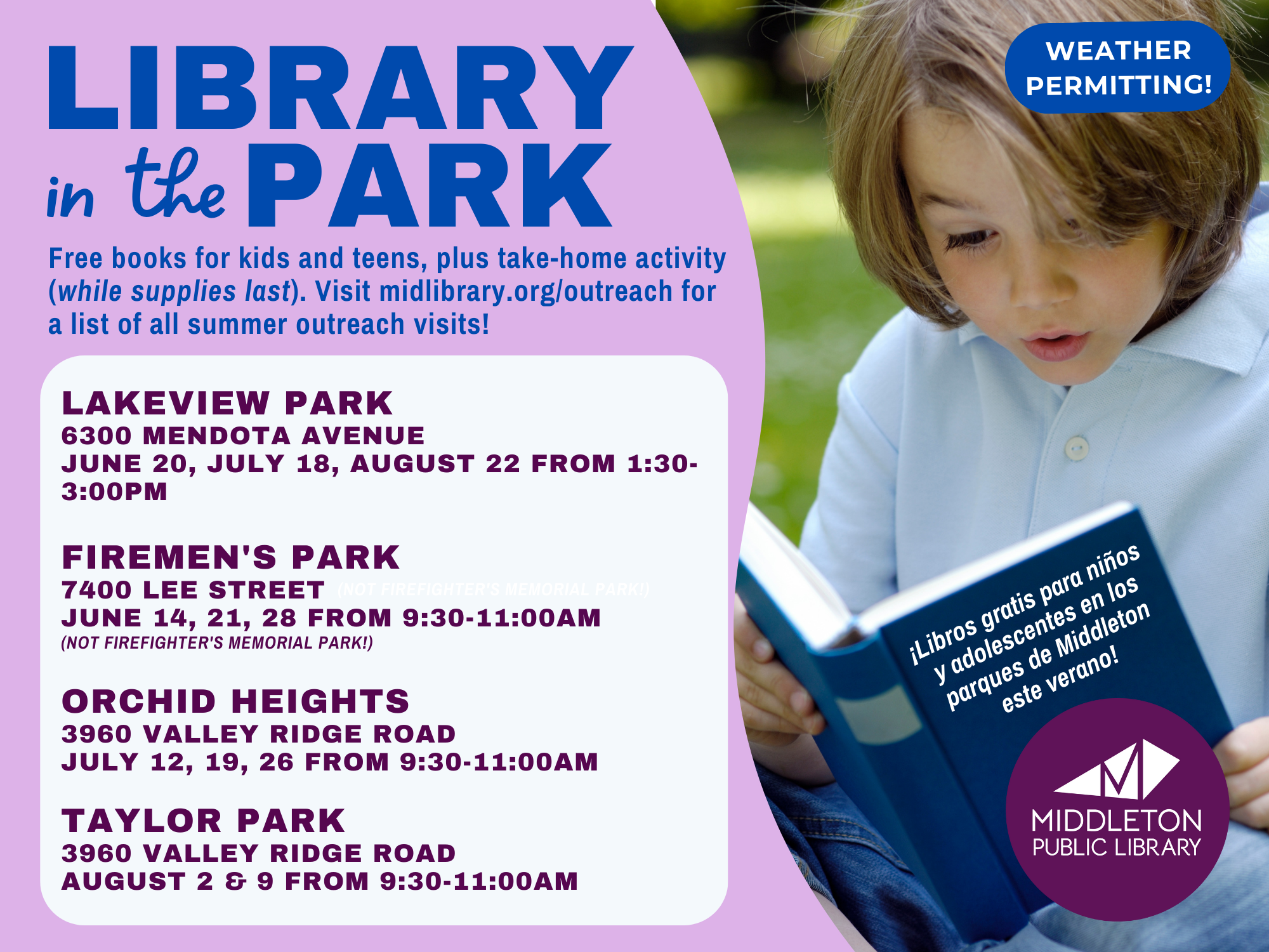 a child reading a book in a park.