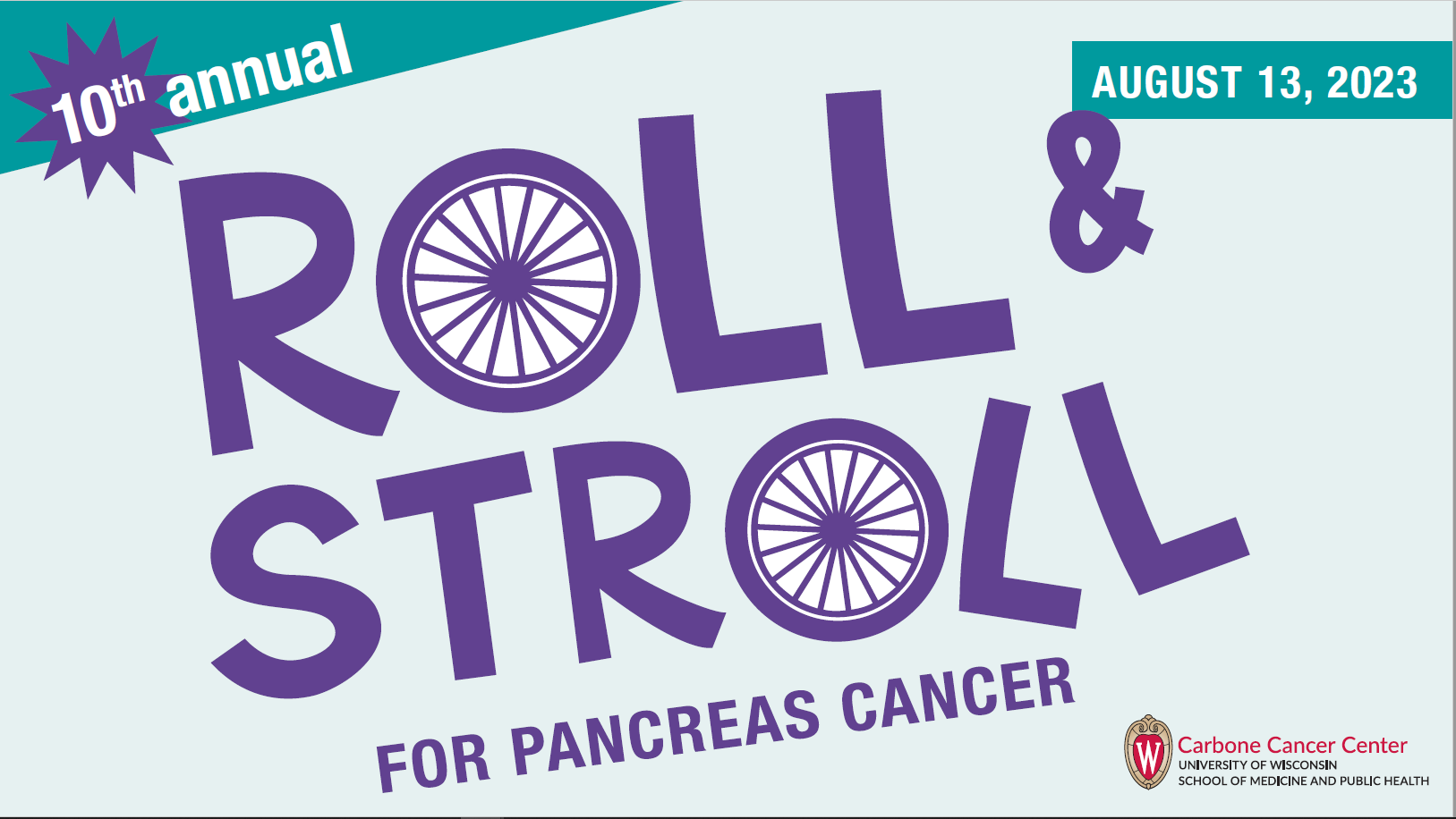 a purple and white poster with the words roll and stroll for pancreas cancer.